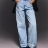 High-Waist Straight Wide-Leg Jeans with Turn-Up Hems – Spodnie