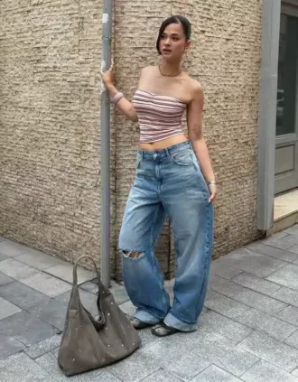 Top bandeau w paski z metaliczną nicią
